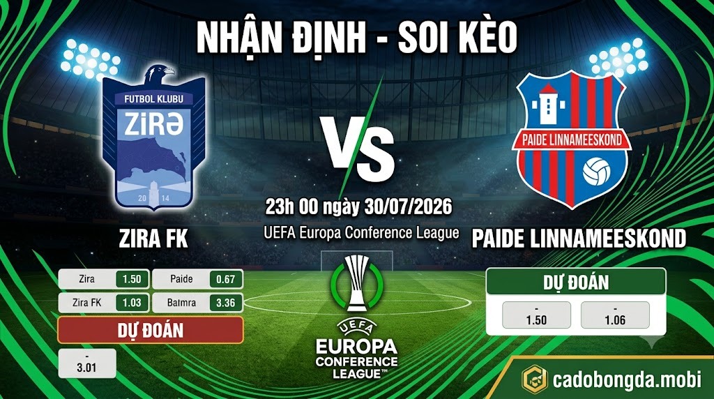 Nhận định soi kèo Zira vs Paide 23h 00 ngày 30/07/2026 – UEFA Europa Conference League