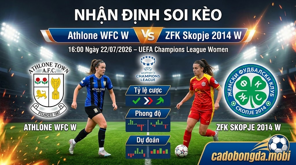 Nhận định soi kèo Athlone WFC W vs ZFK Skopje 2014 W 16h 00 ngày 22/07/2026 – UEFA Champions League Women