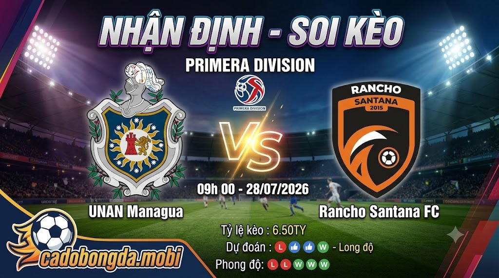 Nhận định soi kèo UNAN Managua vs Rancho Santana 09h 00 ngày 28/07/2026 – Primera Division