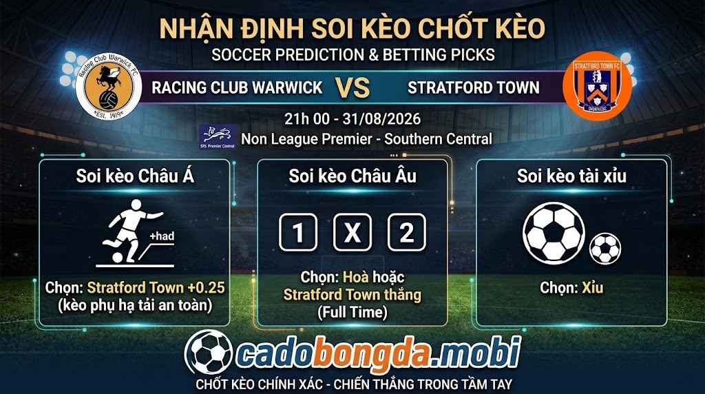 Nhận định soi kèo Racing Club Warwick vs Stratford Town 21h 00 ngày 31/08/2026 – Non League Premier - Southern Central