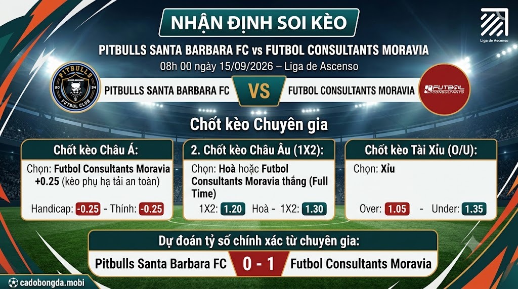 Nhận định soi kèo Pitbulls Santa Barbara FC vs Futbol Consultants Moravia 08h 00 ngày 15/09/2026 – Liga de Ascenso